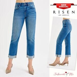 RISEN High Rise Raw Hem Rolled Cuff Detail Dark Wash Ankle Boyfriend Denim Jeans